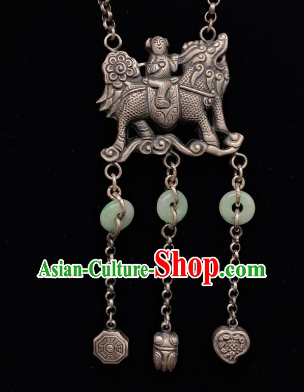 Handmade Chinese Necklace Accessories National Jadeite Necklet Pendant Silver Longevity Lock