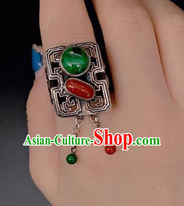 Chinese Handmade Silver Ring National Jadeite Agate Circlet Jewelry