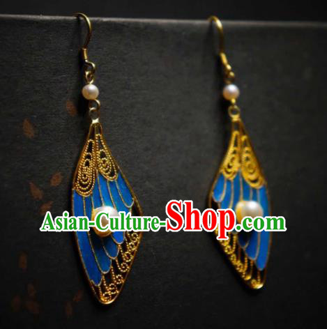 Handmade Chinese Blueing Wing Earrings Traditional Culture Jewelry Cheongsam Pearls Ear Accessories