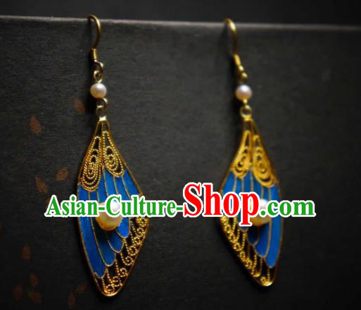Handmade Chinese Blueing Wing Earrings Traditional Culture Jewelry Cheongsam Pearls Ear Accessories