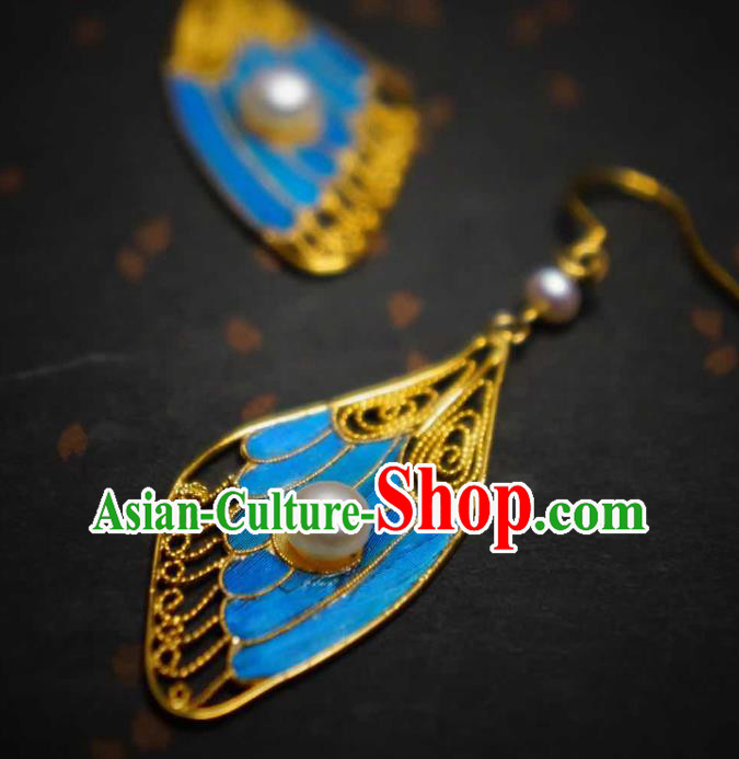 Handmade Chinese Blueing Wing Earrings Traditional Culture Jewelry Cheongsam Pearls Ear Accessories