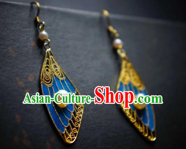 Handmade Chinese Blueing Wing Earrings Traditional Culture Jewelry Cheongsam Pearls Ear Accessories