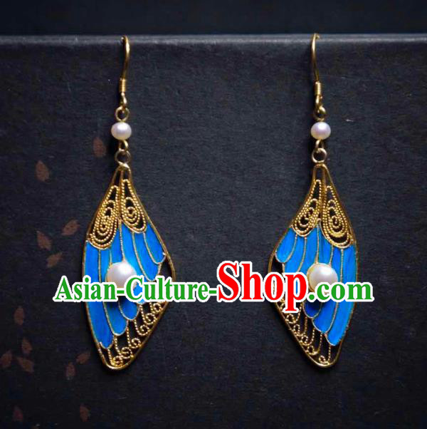 Handmade Chinese Blueing Wing Earrings Traditional Culture Jewelry Cheongsam Pearls Ear Accessories