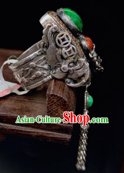 Chinese Handmade Silver Tassel Ring National Jadeite Jewelry Circlet