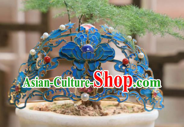 Chinese Handmade Blueing Peony Hairpin Traditional Hair Jewelry Ancient Qing Dynasty Empress Hair Crown