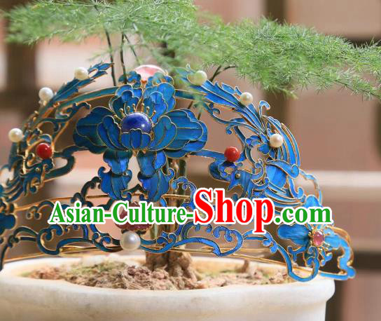 Chinese Handmade Blueing Peony Hairpin Traditional Hair Jewelry Ancient Qing Dynasty Empress Hair Crown