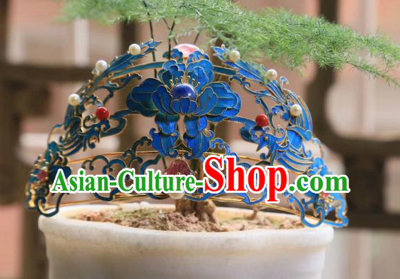 Chinese Handmade Blueing Peony Hairpin Traditional Hair Jewelry Ancient Qing Dynasty Empress Hair Crown
