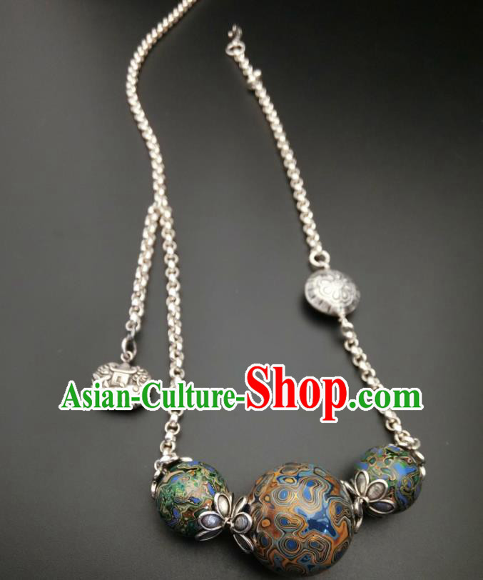 Handmade Chinese National Silver Necklace Traditional Lacquerware Necklet Accessories