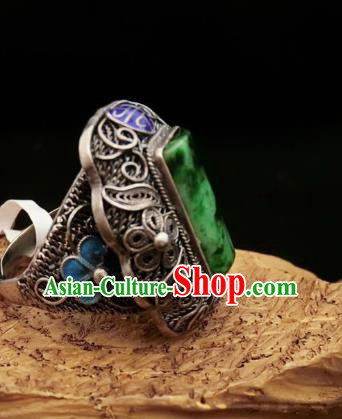 Chinese Handmade Blueing Silver Ring National Jewelry Jadeite Circlet