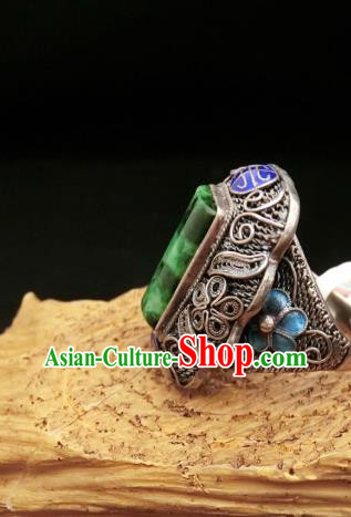 Chinese Handmade Blueing Silver Ring National Jewelry Jadeite Circlet