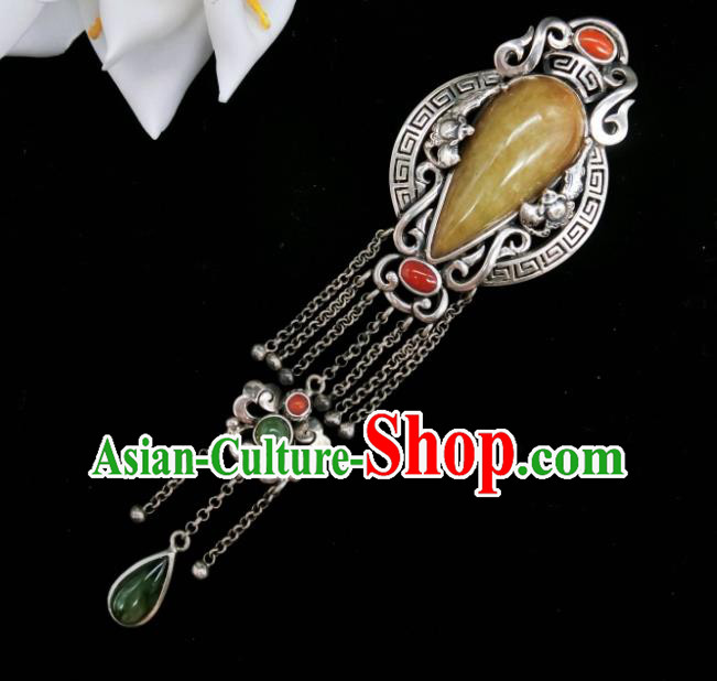 Handmade Chinese National Jadeite Necklace Pendant Traditional Silver Tassel Necklet Accessories
