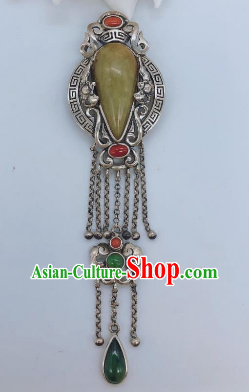 Handmade Chinese National Jadeite Necklace Pendant Traditional Silver Tassel Necklet Accessories
