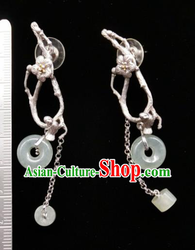 China Traditional Silver Plum Blossom Ear Accessories Handmade Classical Jade Peace Buckle Earrings