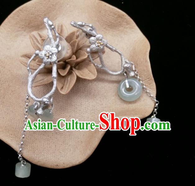 China Traditional Silver Plum Blossom Ear Accessories Handmade Classical Jade Peace Buckle Earrings