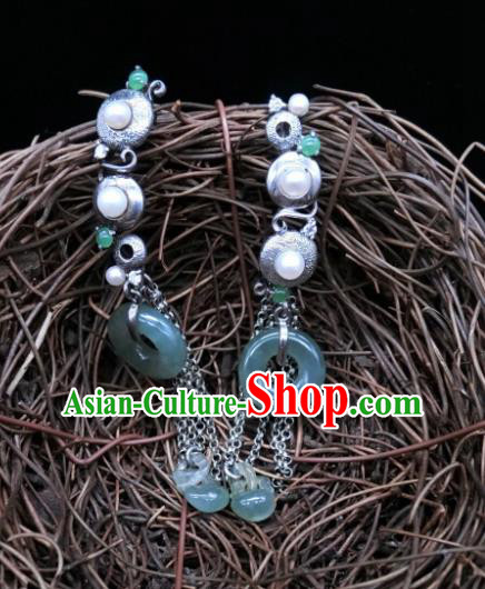 China Traditional Silver Plum Blossom Ear Accessories Handmade Classical Jade Peace Buckle Earrings