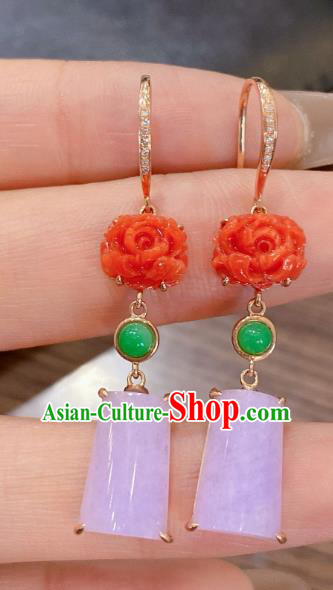 China Classical Pink Jade Earrings Traditional Handmade Agate Carving Peony Ear Accessories