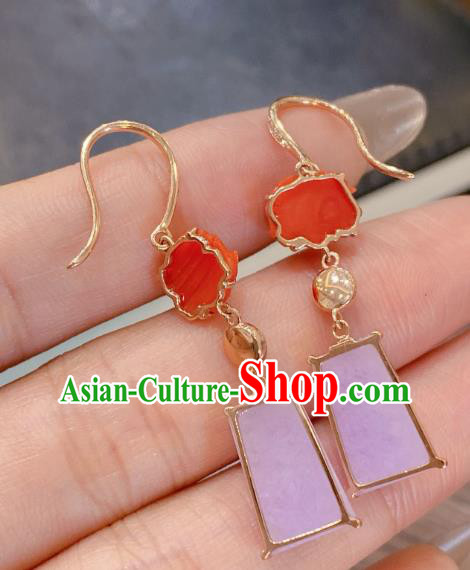 China Classical Pink Jade Earrings Traditional Handmade Agate Carving Peony Ear Accessories