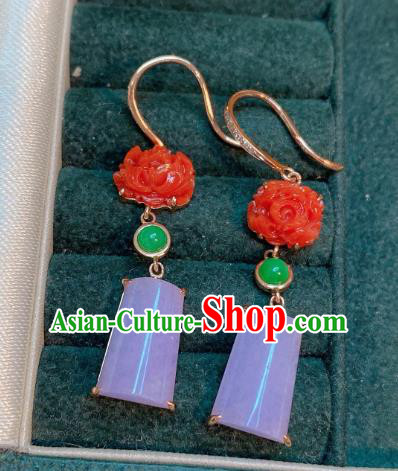 China Classical Pink Jade Earrings Traditional Handmade Agate Carving Peony Ear Accessories