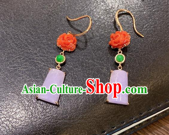 China Classical Pink Jade Earrings Traditional Handmade Agate Carving Peony Ear Accessories