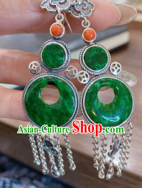 China Classical Jadeite Earrings Traditional Handmade Silver Tassel Ear Accessories