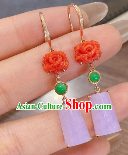 China Classical Pink Jade Earrings Traditional Handmade Agate Carving Peony Ear Accessories