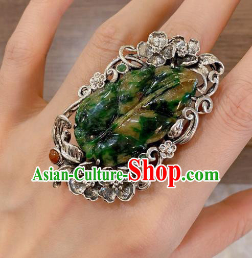 Chinese Jadeite Leaf Circlet Handmade Silver Tassel Finger Ring National Jewelry