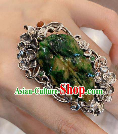 Chinese Jadeite Leaf Circlet Handmade Silver Tassel Finger Ring National Jewelry
