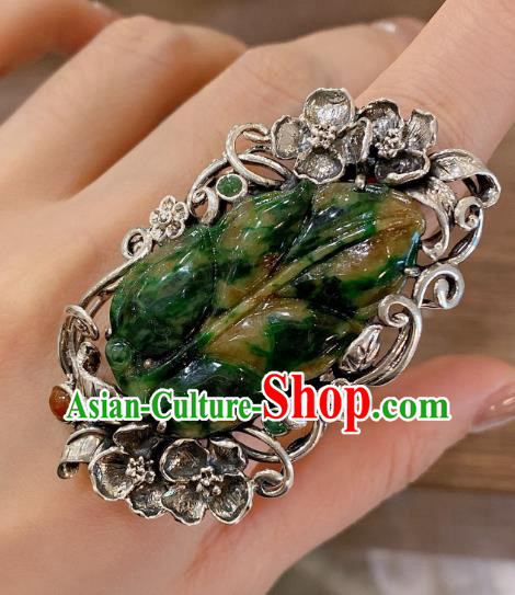 Chinese Jadeite Leaf Circlet Handmade Silver Tassel Finger Ring National Jewelry