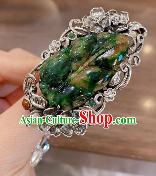 Chinese Jadeite Leaf Circlet Handmade Silver Tassel Finger Ring National Jewelry