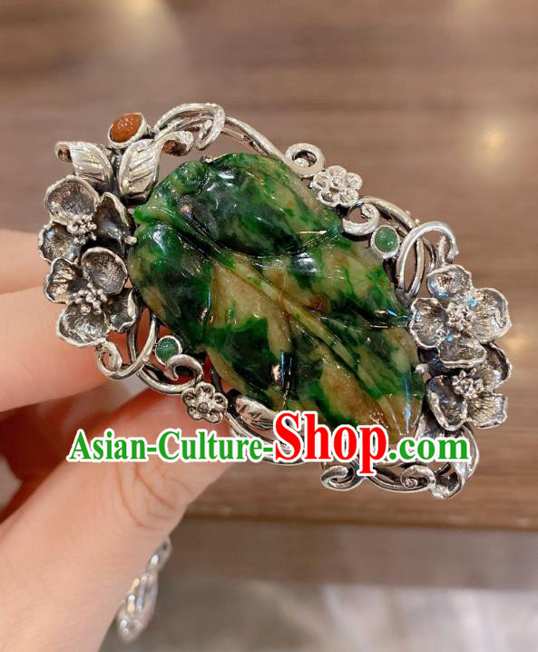 Chinese Jadeite Leaf Circlet Handmade Silver Tassel Finger Ring National Jewelry