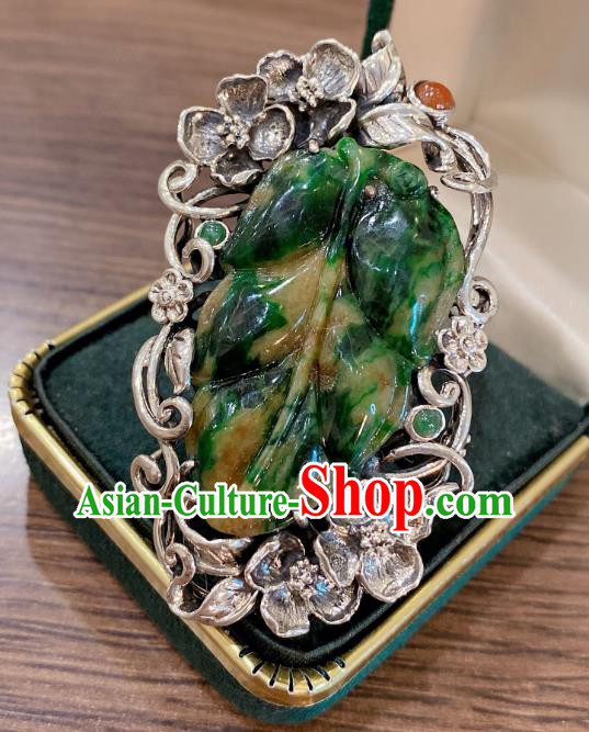 Chinese Jadeite Leaf Circlet Handmade Silver Tassel Finger Ring National Jewelry