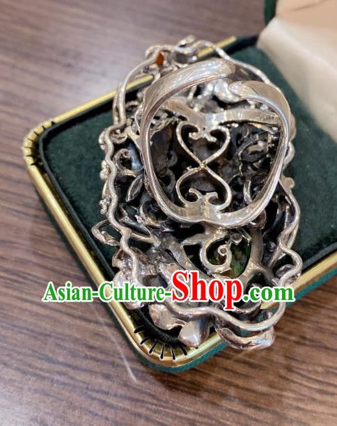 Chinese Jadeite Leaf Circlet Handmade Silver Tassel Finger Ring National Jewelry