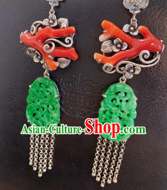 China Classical Red Branch Earrings Traditional Handmade Jade Carving Silver Tassel Ear Accessories