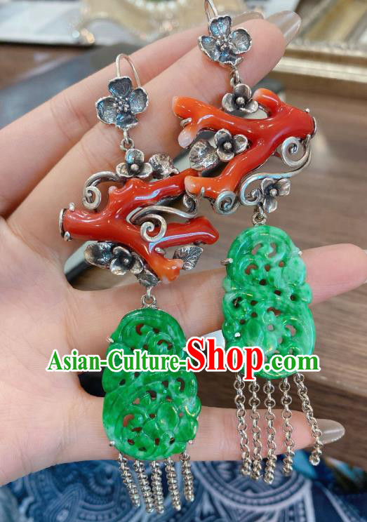 China Classical Red Branch Earrings Traditional Handmade Jade Carving Silver Tassel Ear Accessories