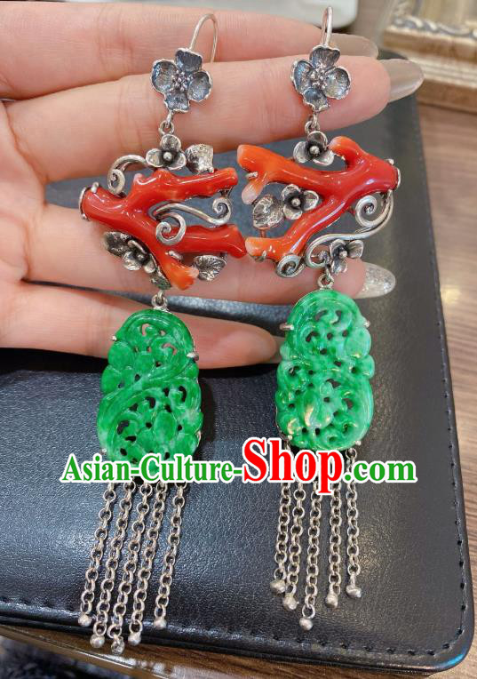 China Classical Red Branch Earrings Traditional Handmade Jade Carving Silver Tassel Ear Accessories