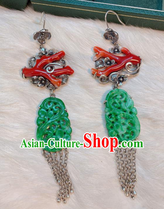 China Classical Red Branch Earrings Traditional Handmade Jade Carving Silver Tassel Ear Accessories