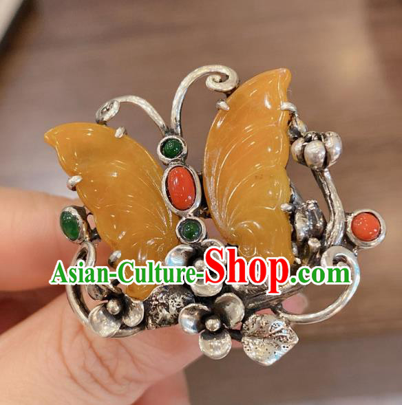 Chinese Handmade Circlet Agate Butterfly Finger Ring National Silver Jewelry