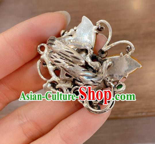 Chinese Handmade Circlet Agate Butterfly Finger Ring National Silver Jewelry