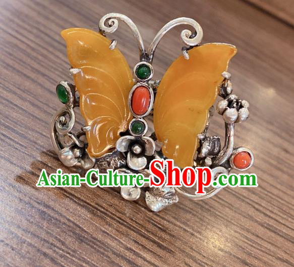 Chinese Handmade Circlet Agate Butterfly Finger Ring National Silver Jewelry