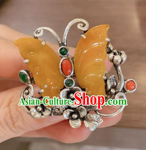 Chinese Handmade Circlet Agate Butterfly Finger Ring National Silver Jewelry