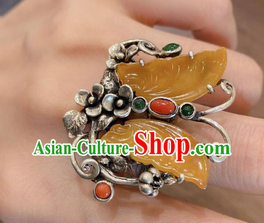 Chinese Handmade Circlet Agate Butterfly Finger Ring National Silver Jewelry