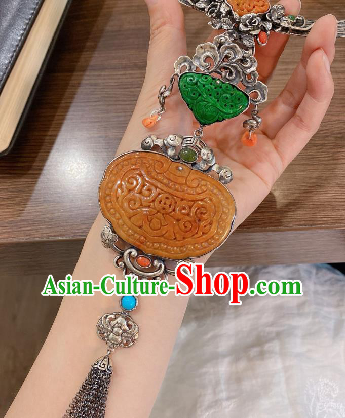 Handmade Chinese Traditional Wedding Jade Accessories National Silver Necklace Pendant