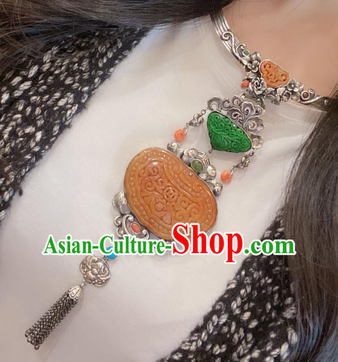 Handmade Chinese Traditional Wedding Jade Accessories National Silver Necklace Pendant