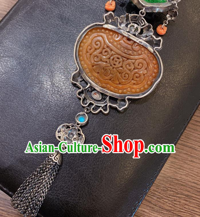 Handmade Chinese Traditional Wedding Jade Accessories National Silver Necklace Pendant