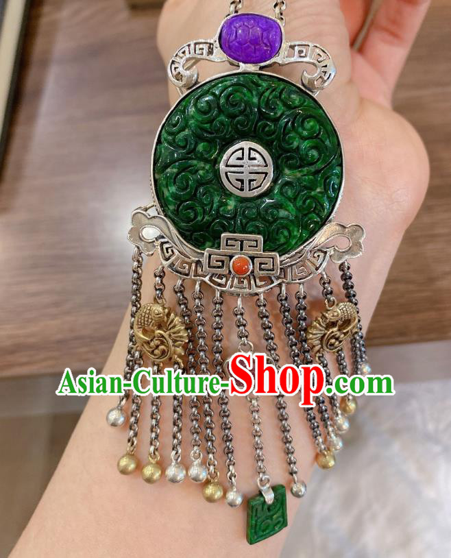 Handmade Chinese Traditional Jadeite Accessories National Silver Tassel Necklace Pendant