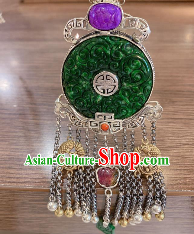 Handmade Chinese Traditional Jadeite Accessories National Silver Tassel Necklace Pendant