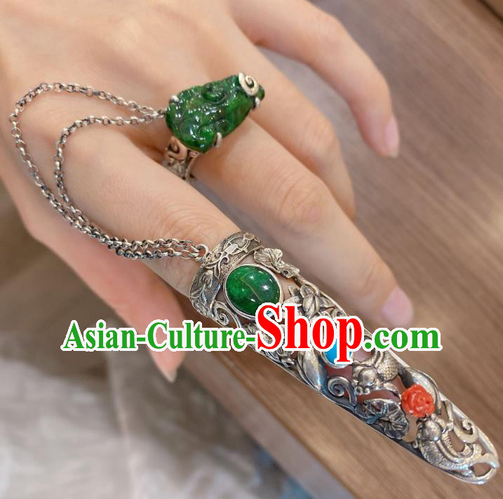 Chinese Handmade National Silver Circlet Finger Jewelry Jadeite Ring with Nail Wrap