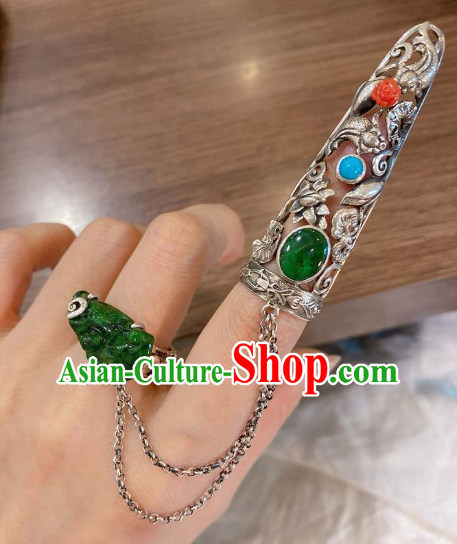 Chinese Handmade National Silver Circlet Finger Jewelry Jadeite Ring with Nail Wrap