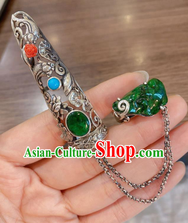 Chinese Handmade National Silver Circlet Finger Jewelry Jadeite Ring with Nail Wrap