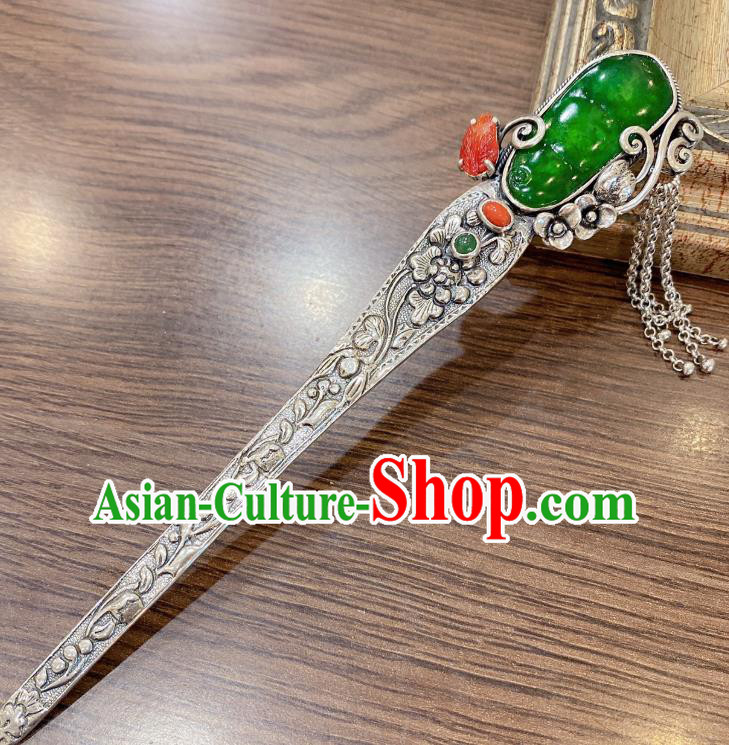 China Classical Silver Hair Stick Traditional Handmade Hairpin Jadeite Hair Accessories
